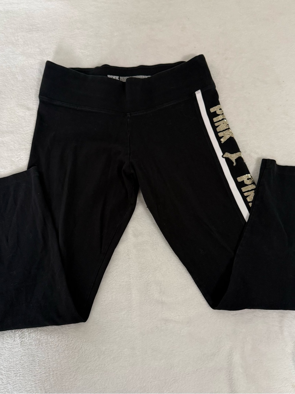 Victoria’s Secret PINK Yoga Leggings Black White Gold Sequin Logo Full Length